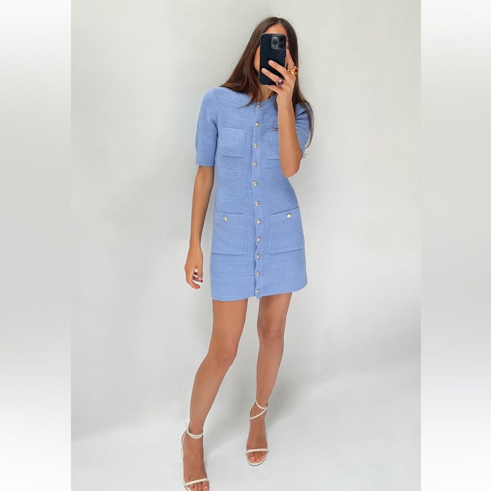 Blue knit sweater dress with buttons